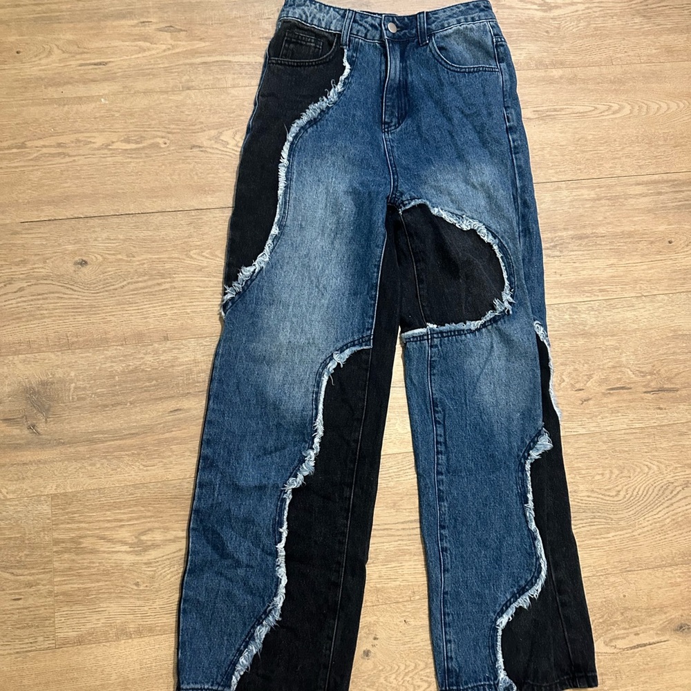 Cider Blue and Black Relaxed Patchwork Jeans
